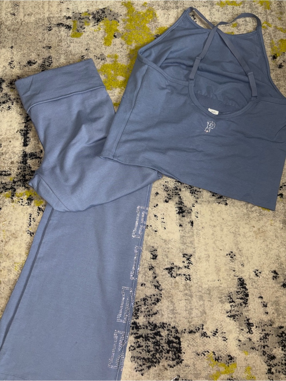 PINK Victoria's Secret Blue Rhinestone-Trim Halter Tank & Boot-Cut Pants Set
